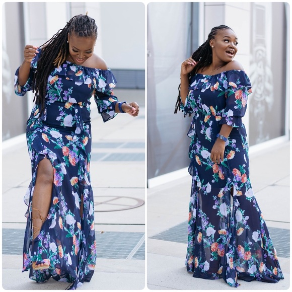 New York &Co Navy Floral Off-Shoulder Ruffled Summer Flowy Fairy Maxi Dress Sz M - Picture 1 of 14